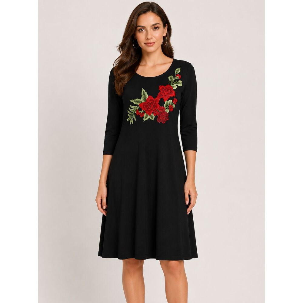 SJS Made in USA Black Floral Embroidered Dress – Size M Stretch